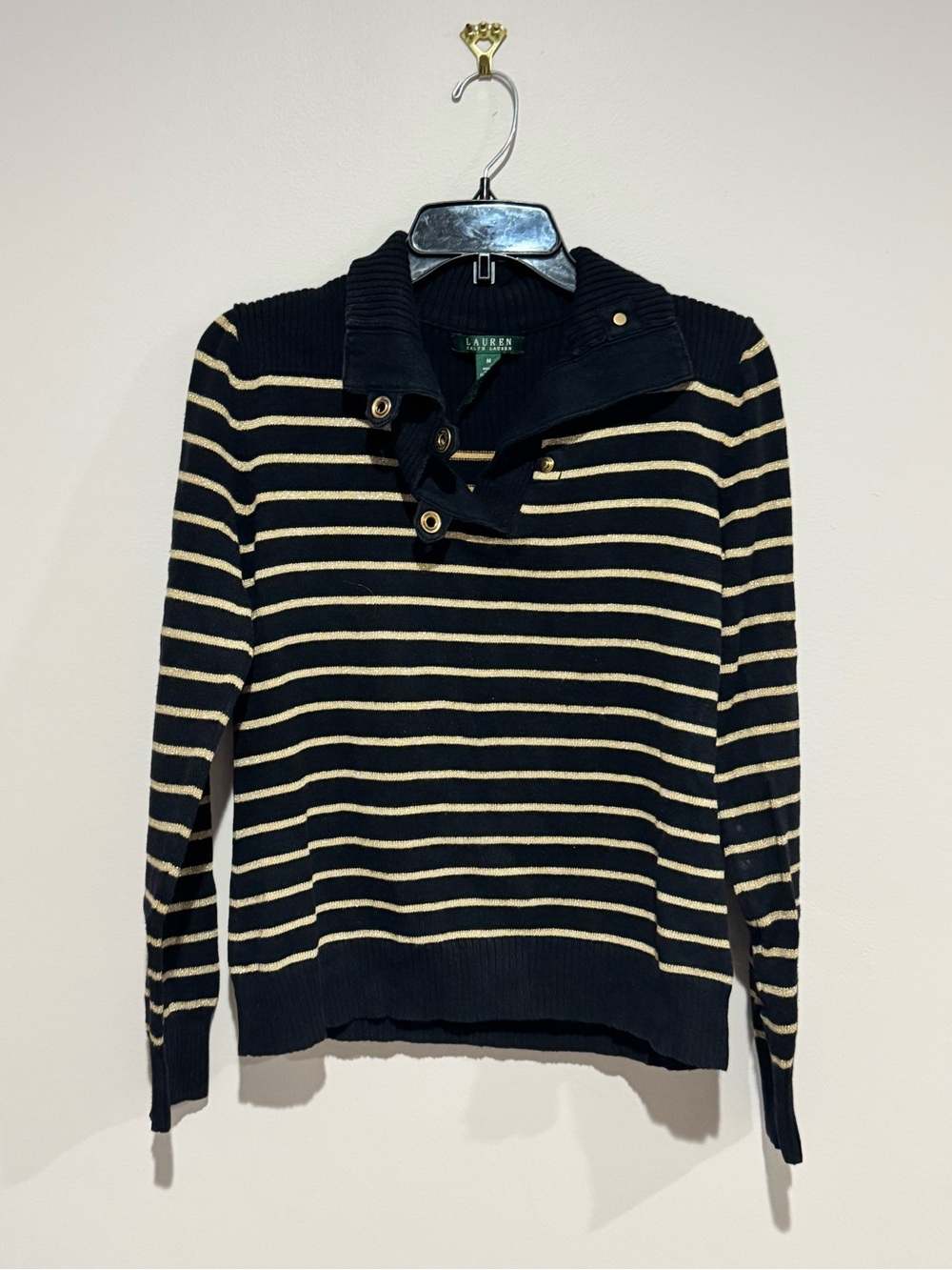 Lauren Ralph Lauren Collar Knit Sweater Womens Medium Striped Cotton Blend